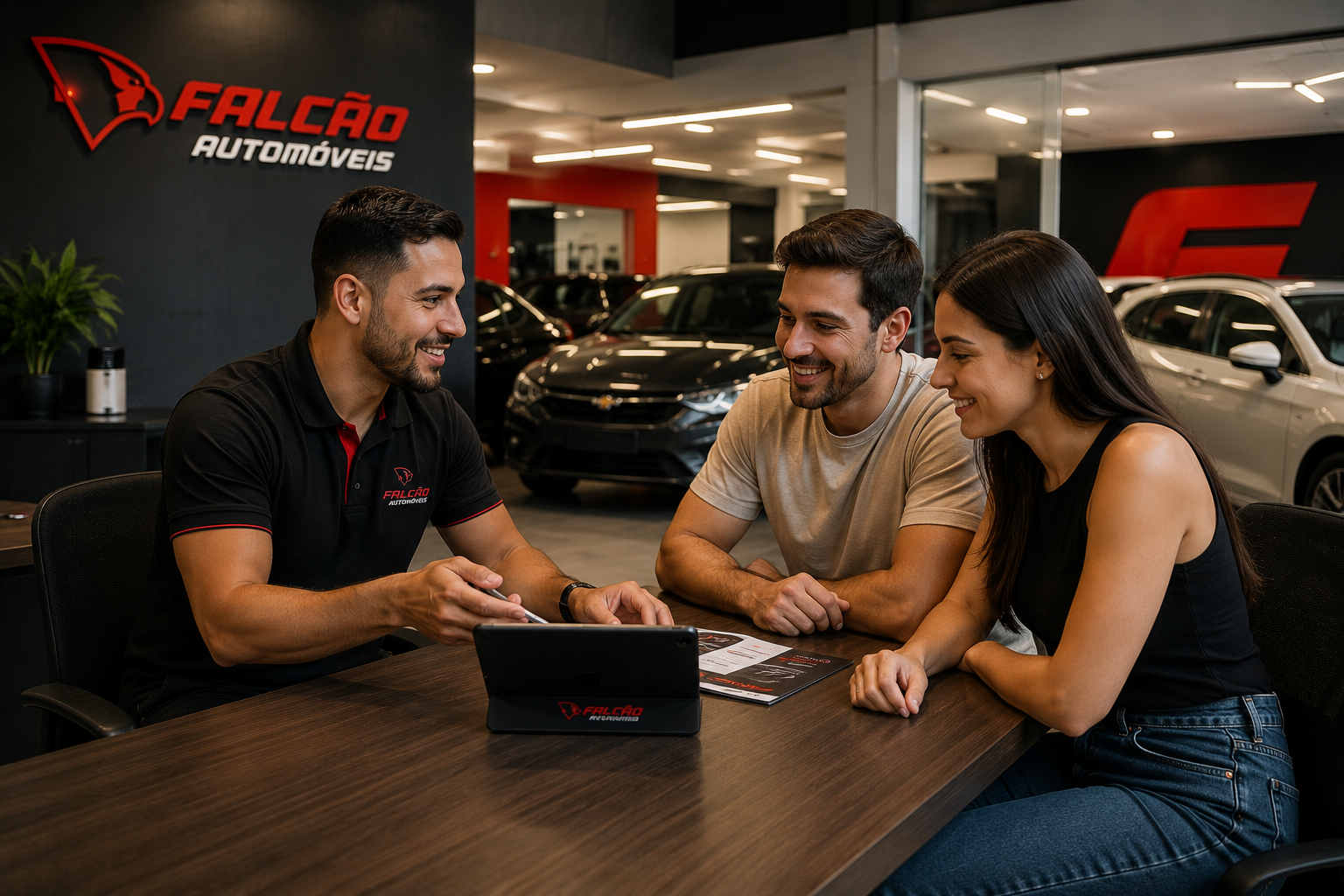 Equipe Falcão Automóveis atendendo cliente